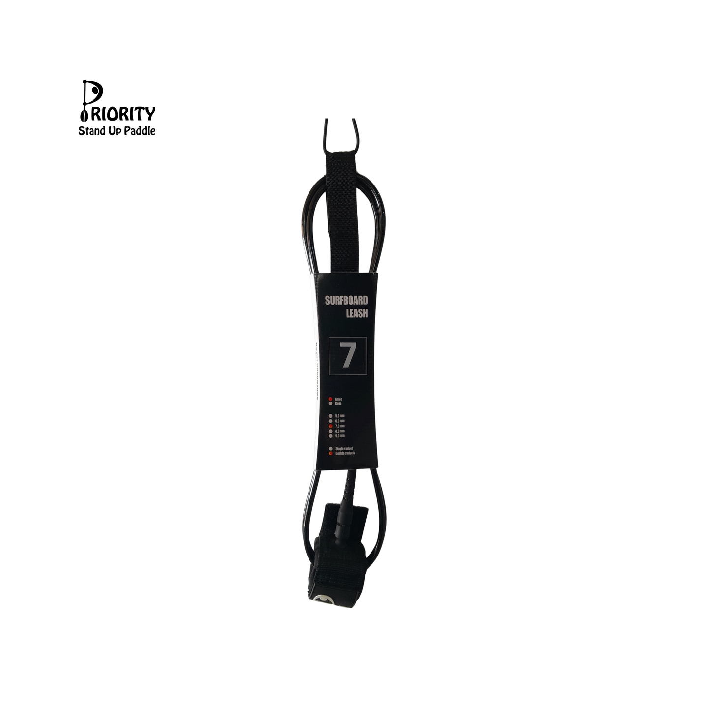 Priority Ankle Cuff Straight Leash  7FT 7.0 mm Double Swivel-Black