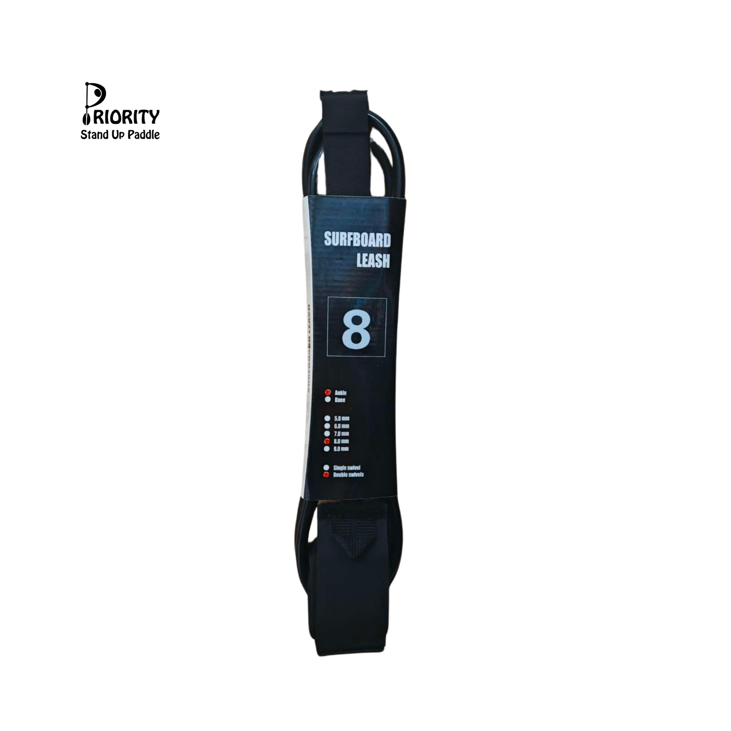 Priority Ankle Cuff Straight Leash 8FT 8.0 mm Double Swivel-Black