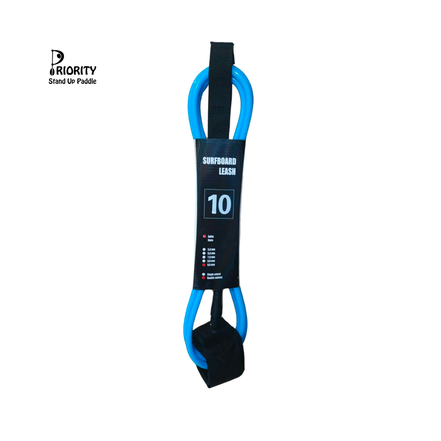 Priority Ankle Cuff Straight Leash 10FT 9.0 mm Double Swivel-Light/Blue